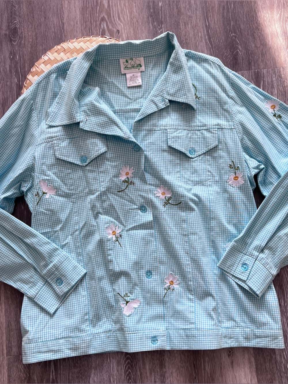 Quaker factory blue gingham floral embroidered button down‎ shirt jacket